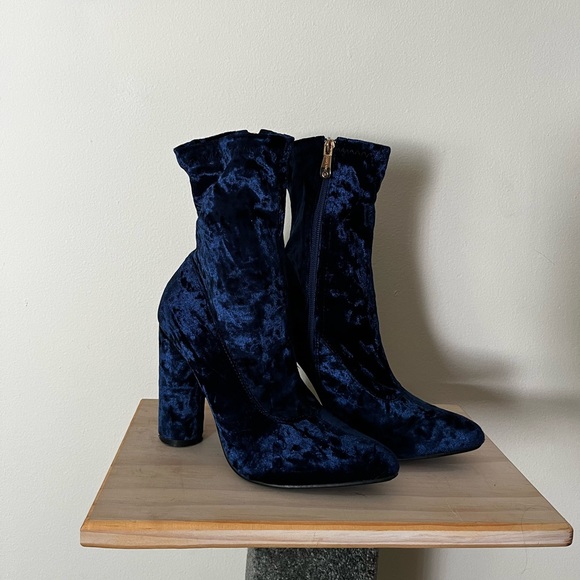 Blue Velvet Over the Ankle Booties - Picture 1 of 8